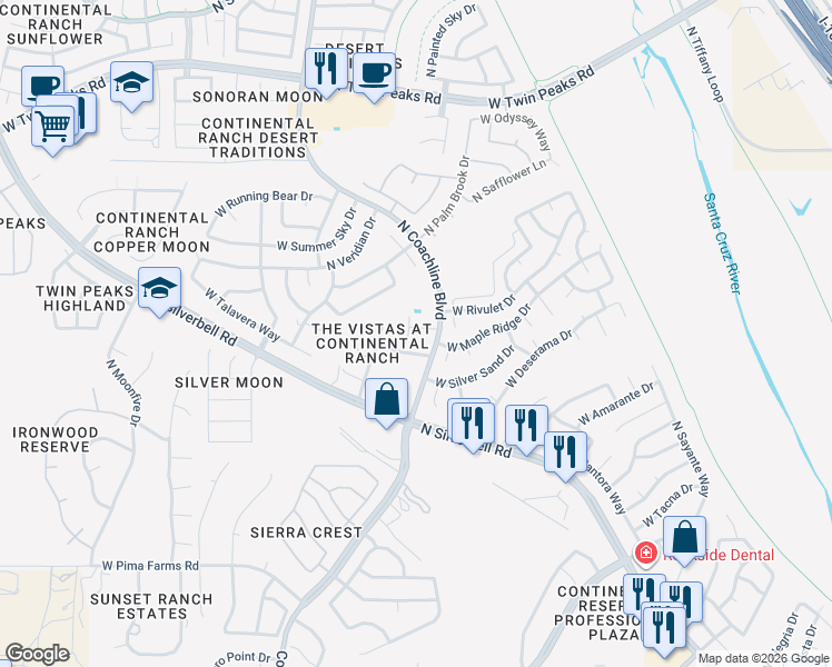 map of restaurants, bars, coffee shops, grocery stores, and more near 8877 North Coachline Boulevard in Tucson