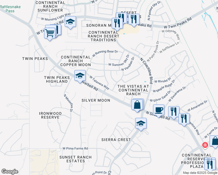 map of restaurants, bars, coffee shops, grocery stores, and more near 8821 North Silver Moon Way in Tucson