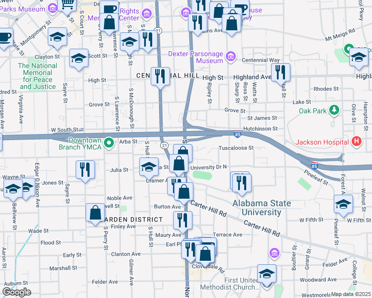 map of restaurants, bars, coffee shops, grocery stores, and more near 705 Genetta Court in Montgomery