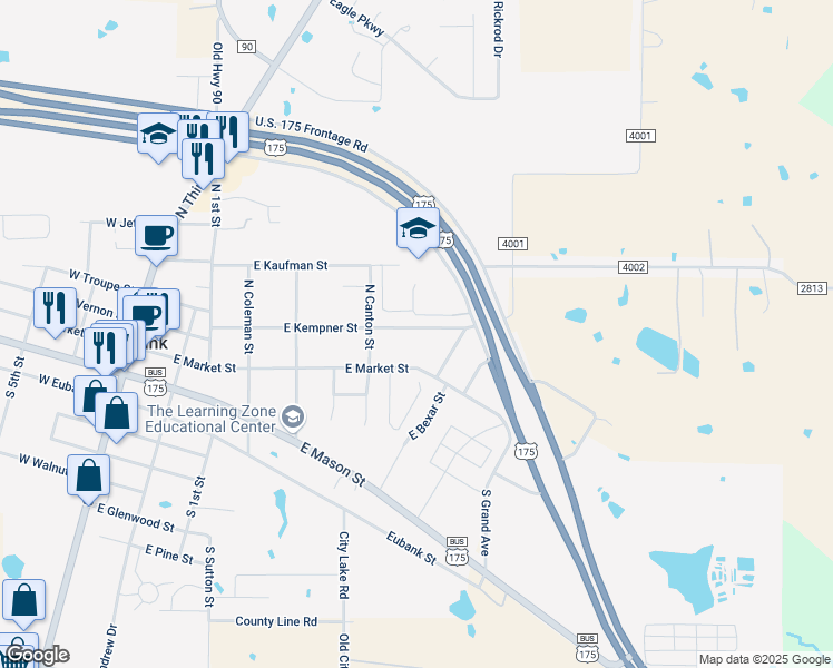 map of restaurants, bars, coffee shops, grocery stores, and more near 622 East Kempner Street in Mabank