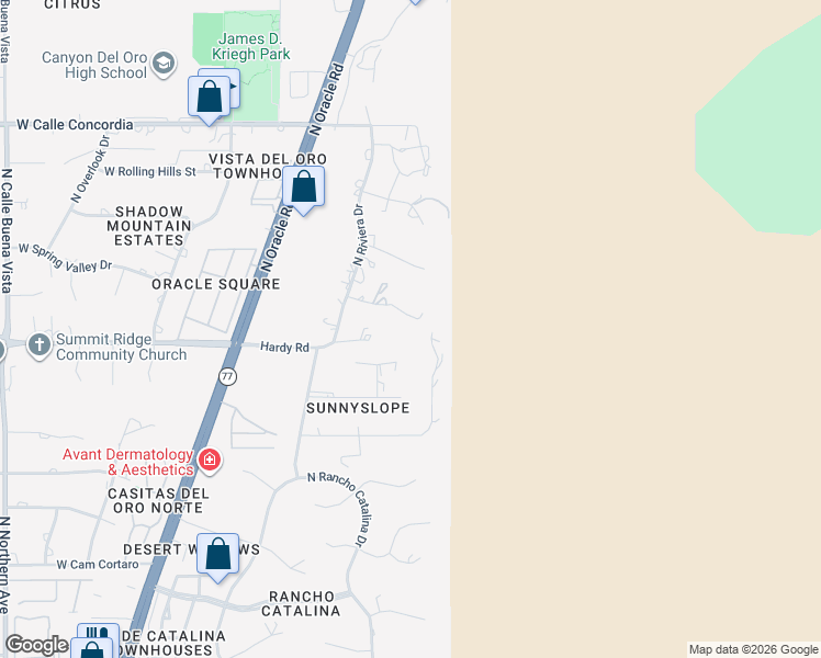 map of restaurants, bars, coffee shops, grocery stores, and more near 520 East Eden Place in Oro Valley
