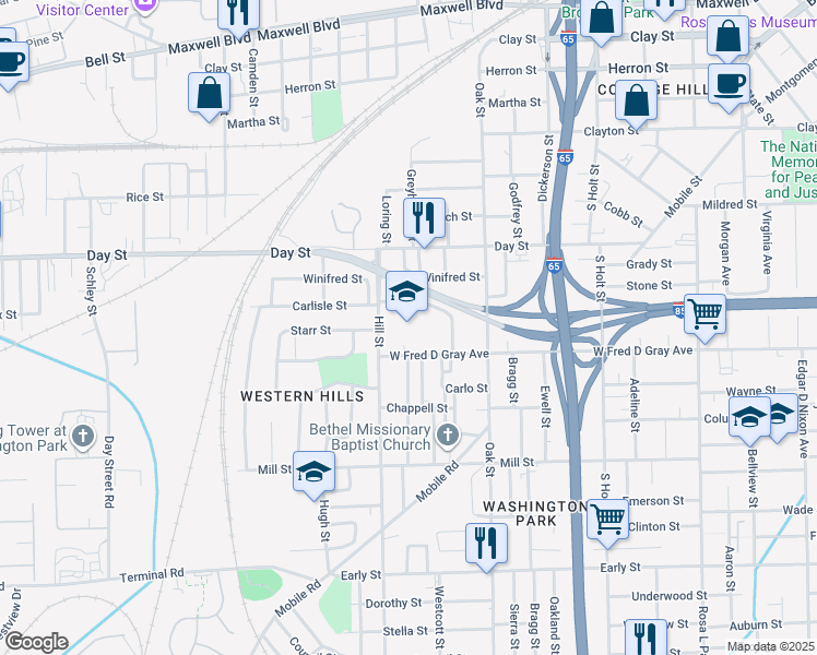 map of restaurants, bars, coffee shops, grocery stores, and more near 801 Hill Street in Montgomery