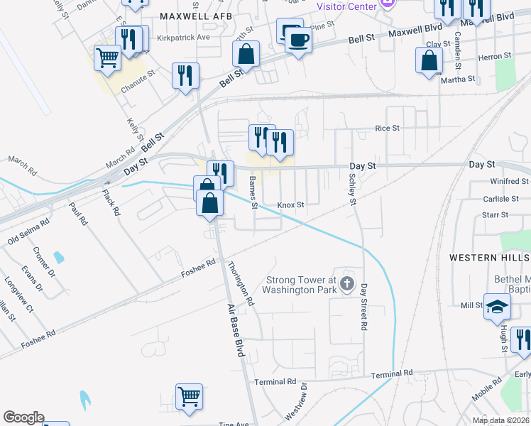 map of restaurants, bars, coffee shops, grocery stores, and more near 3436 Homeview Street in Montgomery