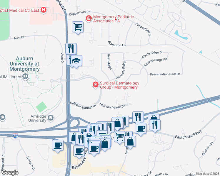 map of restaurants, bars, coffee shops, grocery stores, and more near 7300-7336 Pinnacle Point in Montgomery