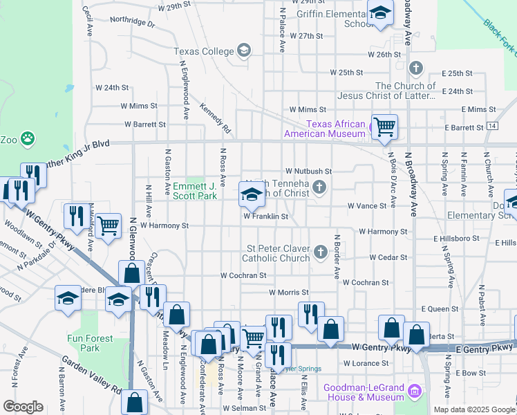 map of restaurants, bars, coffee shops, grocery stores, and more near 1105 West Franklin Street in Tyler