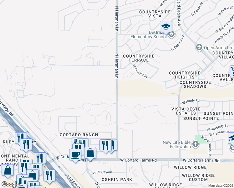 map of restaurants, bars, coffee shops, grocery stores, and more near 8587 North Hartman Lane in Tucson