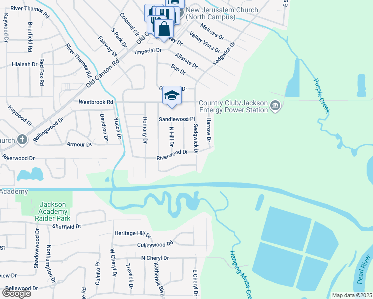 map of restaurants, bars, coffee shops, grocery stores, and more near 5110 Shirlwood Drive in Jackson