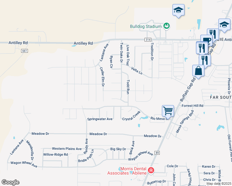 map of restaurants, bars, coffee shops, grocery stores, and more near 5117 Rusty Trail in Abilene