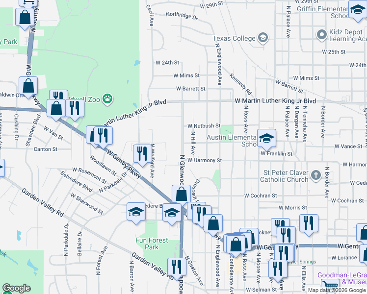 map of restaurants, bars, coffee shops, grocery stores, and more near 1911 North Glenwood Boulevard in Tyler