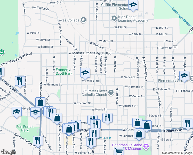 map of restaurants, bars, coffee shops, grocery stores, and more near 1616 Texas College Road in Tyler