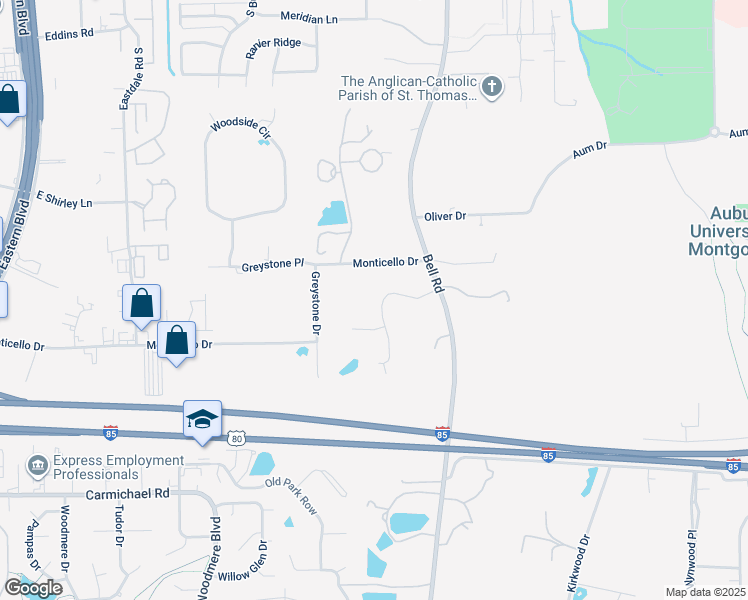 map of restaurants, bars, coffee shops, grocery stores, and more near 6219 Henley Way in Montgomery