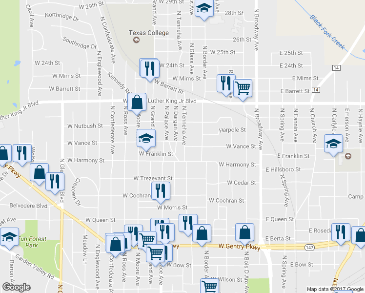 map of restaurants, bars, coffee shops, grocery stores, and more near 1618 North Tenneha Avenue in Tyler