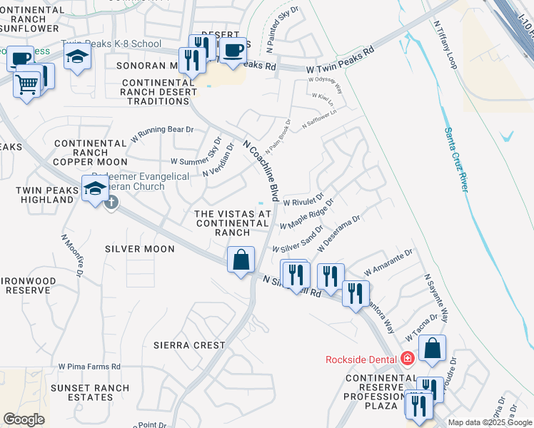 map of restaurants, bars, coffee shops, grocery stores, and more near 8877 North Coachline Boulevard in Tucson