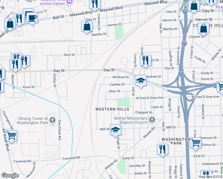 map of restaurants, bars, coffee shops, grocery stores, and more near 2352 Starr Street in Montgomery