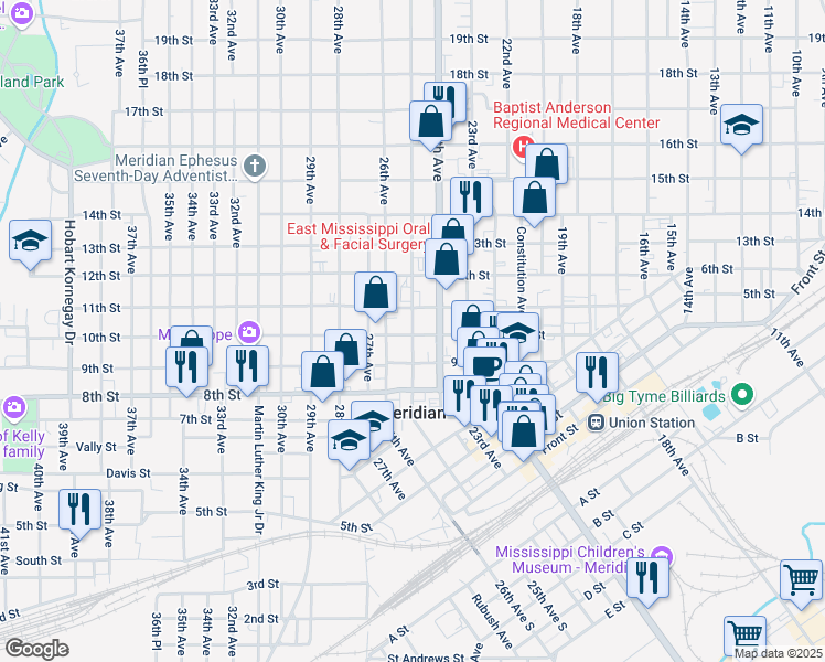 map of restaurants, bars, coffee shops, grocery stores, and more near 1015 25th Avenue in Meridian