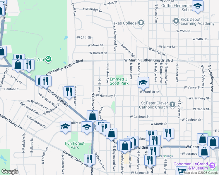 map of restaurants, bars, coffee shops, grocery stores, and more near 1620 North Englewood Avenue in Tyler