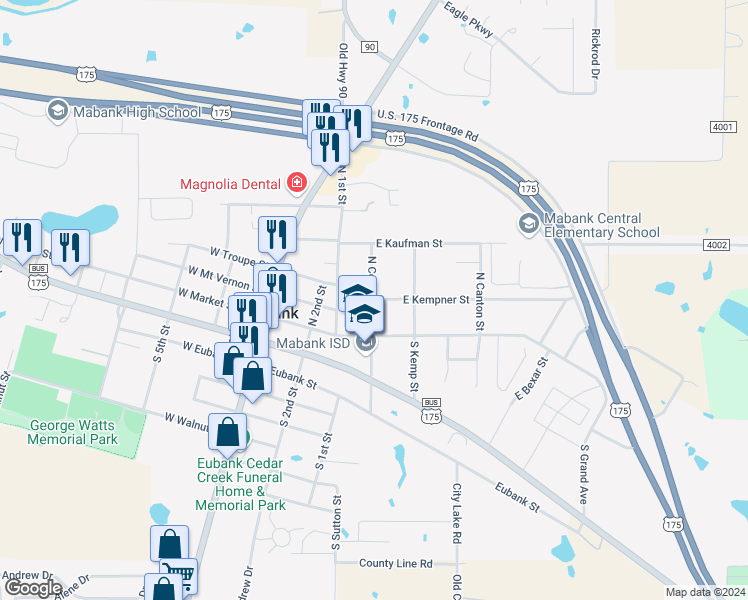 map of restaurants, bars, coffee shops, grocery stores, and more near 405 East Kempner Street in Mabank