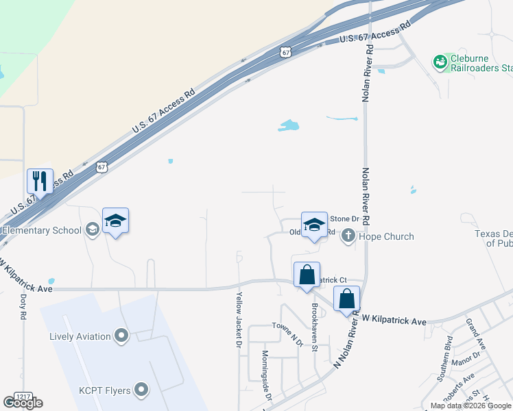 map of restaurants, bars, coffee shops, grocery stores, and more near 1614 Nolan Ridge Drive in Cleburne