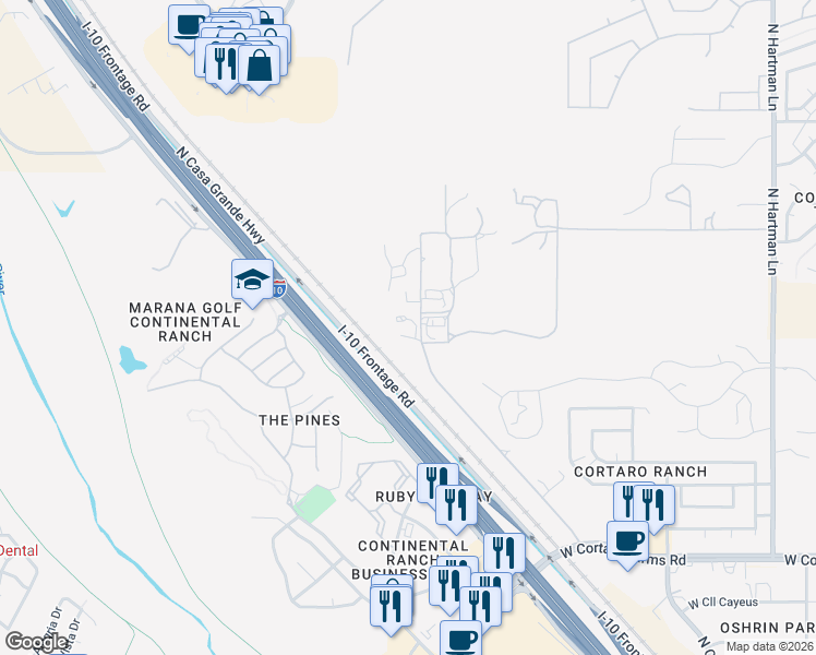 map of restaurants, bars, coffee shops, grocery stores, and more near 8815 North Joplin Lane in Tucson