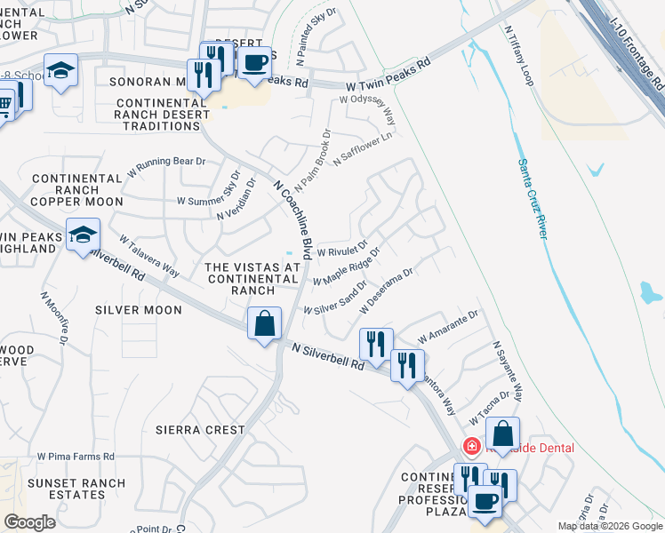 map of restaurants, bars, coffee shops, grocery stores, and more near 8821 North Rivulet Place in Tucson