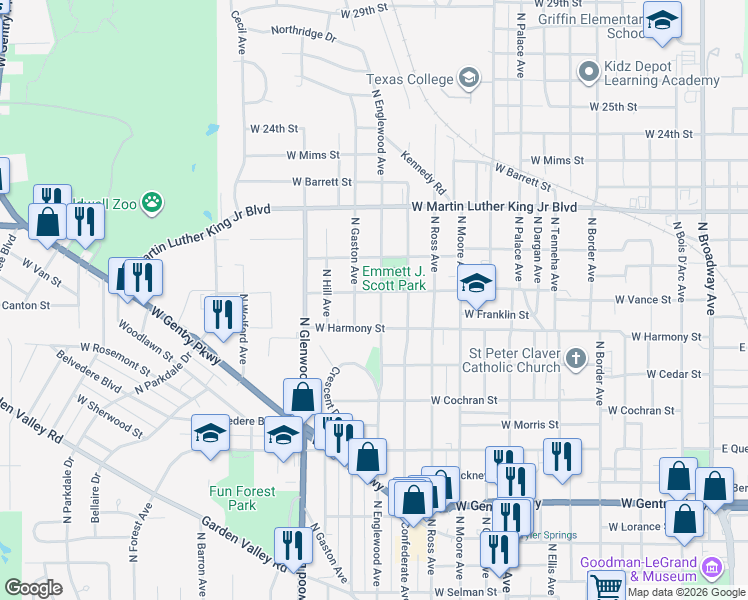 map of restaurants, bars, coffee shops, grocery stores, and more near 1620 North Englewood Avenue in Tyler