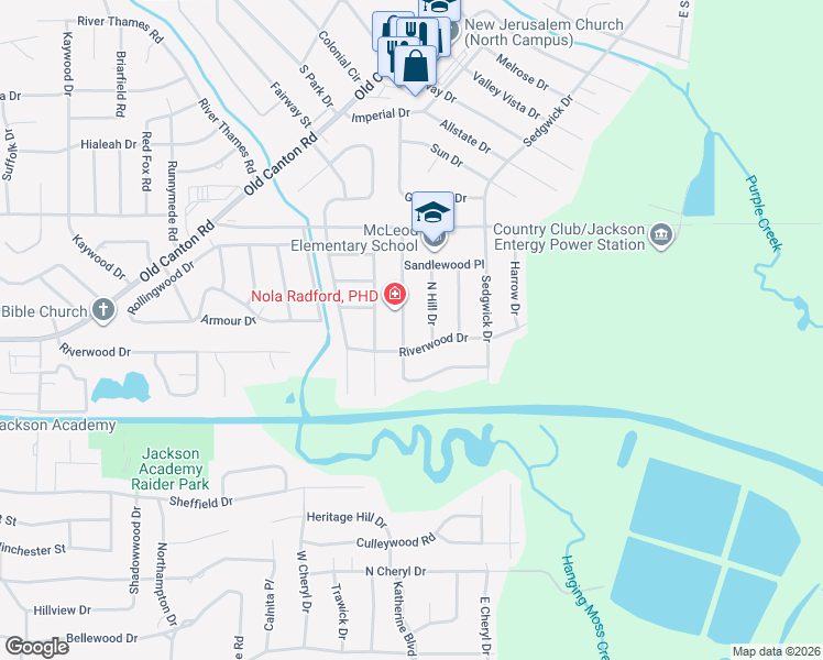 map of restaurants, bars, coffee shops, grocery stores, and more near 5131 Sunnyvale Drive in Jackson