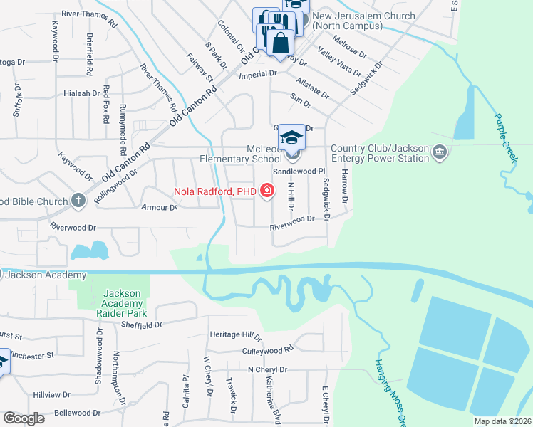 map of restaurants, bars, coffee shops, grocery stores, and more near 5131 Sunnyvale Drive in Jackson