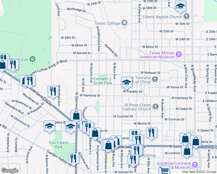 map of restaurants, bars, coffee shops, grocery stores, and more near 1615 North Confederate Avenue in Tyler