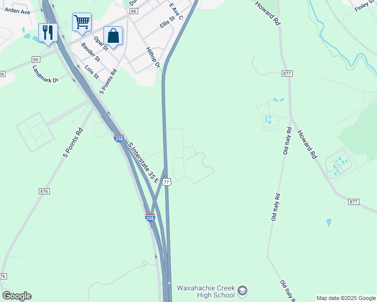 map of restaurants, bars, coffee shops, grocery stores, and more near 122 Park Hills Drive in Waxahachie