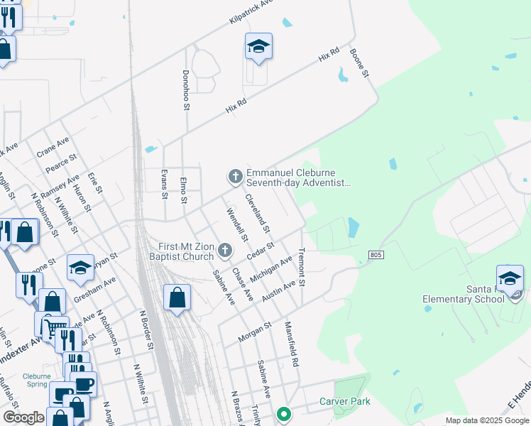 map of restaurants, bars, coffee shops, grocery stores, and more near 204 Cleveland Street in Cleburne