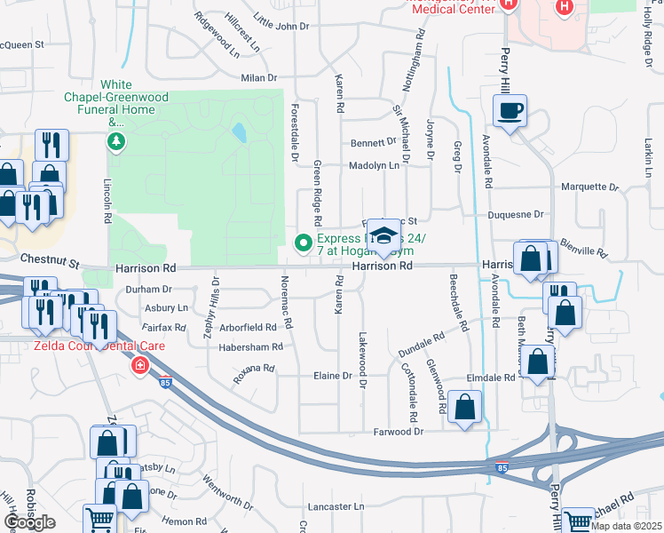 map of restaurants, bars, coffee shops, grocery stores, and more near 3510 Harrison Road in Montgomery