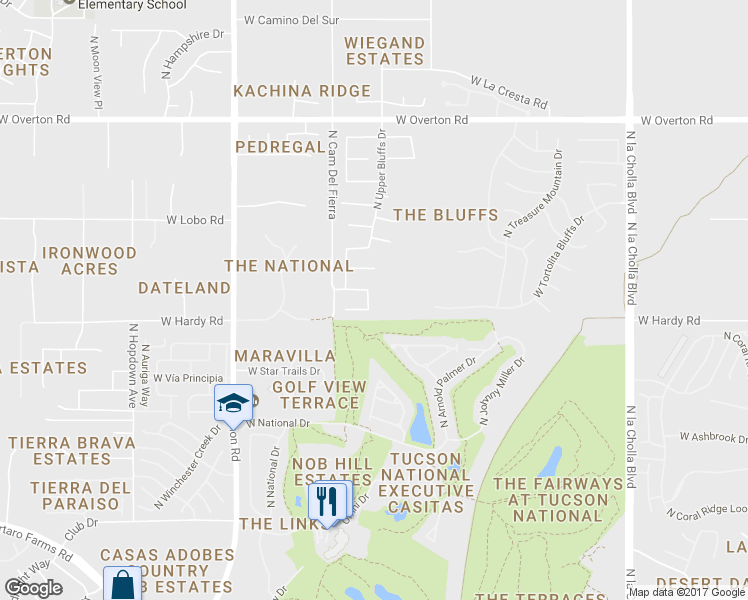 map of restaurants, bars, coffee shops, grocery stores, and more near 8844 North Sandy Ridge Place in Tucson