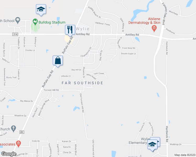 map of restaurants, bars, coffee shops, grocery stores, and more near 3 Twin Creek in Abilene