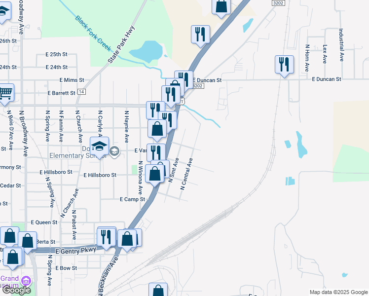 map of restaurants, bars, coffee shops, grocery stores, and more near 1626 Central Avenue in Tyler