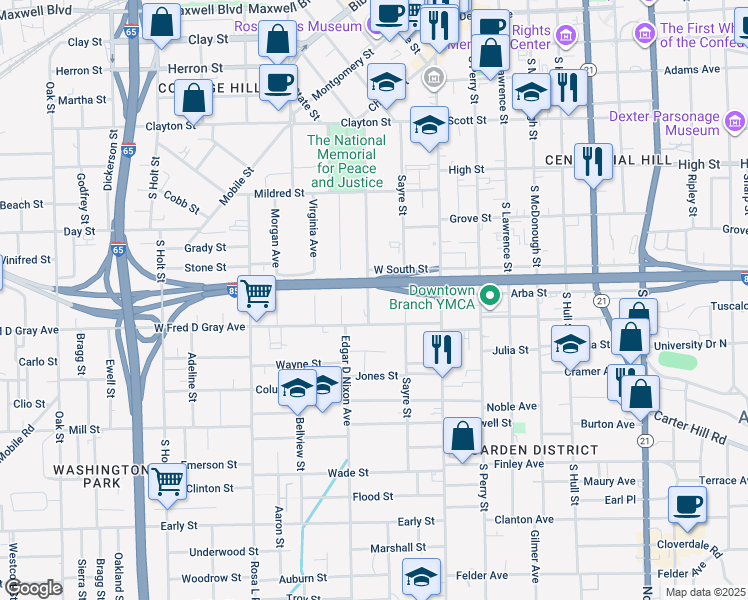map of restaurants, bars, coffee shops, grocery stores, and more near 641 Holcombe Street in Montgomery