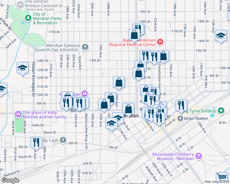 map of restaurants, bars, coffee shops, grocery stores, and more near 2702 10th Street in Meridian