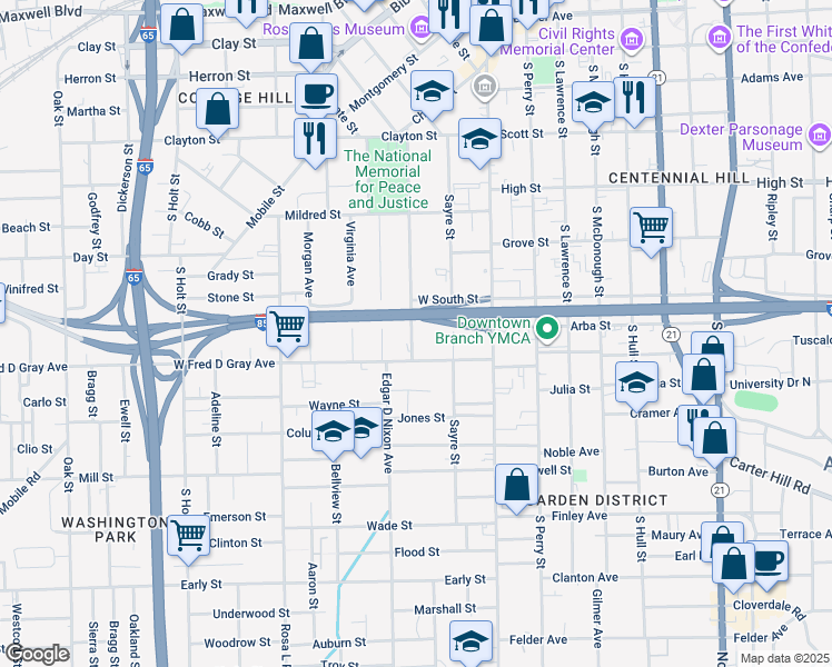 map of restaurants, bars, coffee shops, grocery stores, and more near 641 Holcombe Street in Montgomery
