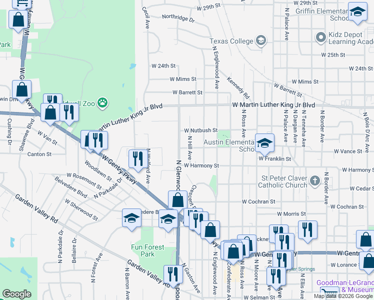 map of restaurants, bars, coffee shops, grocery stores, and more near 1911 North Glenwood Boulevard in Tyler