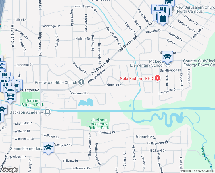 map of restaurants, bars, coffee shops, grocery stores, and more near 405 Armour Drive in Jackson