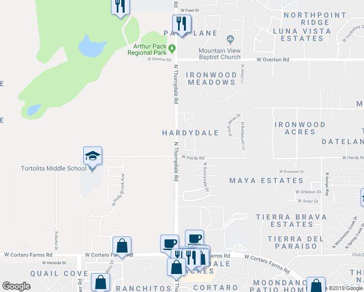 map of restaurants, bars, coffee shops, grocery stores, and more near 8874 North Sky Dancer Circle in Tucson