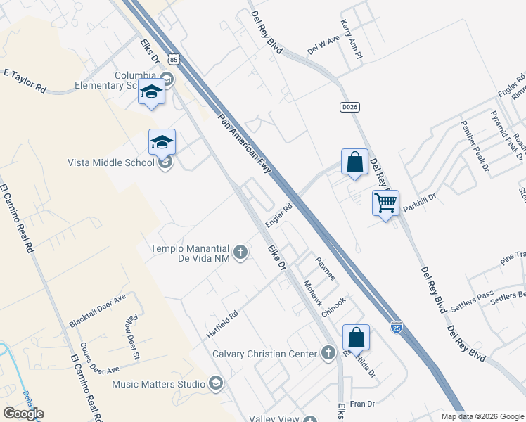 map of restaurants, bars, coffee shops, grocery stores, and more near Valle Del Luz Circle in Las Cruces