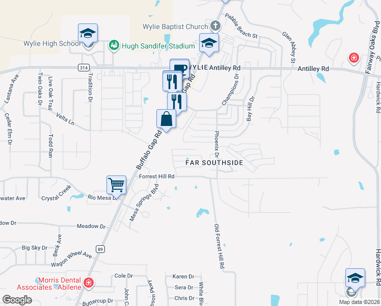 map of restaurants, bars, coffee shops, grocery stores, and more near 6733 Hillside Court in Abilene
