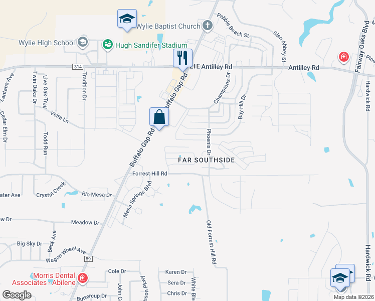 map of restaurants, bars, coffee shops, grocery stores, and more near 6733 Hillside Court in Abilene