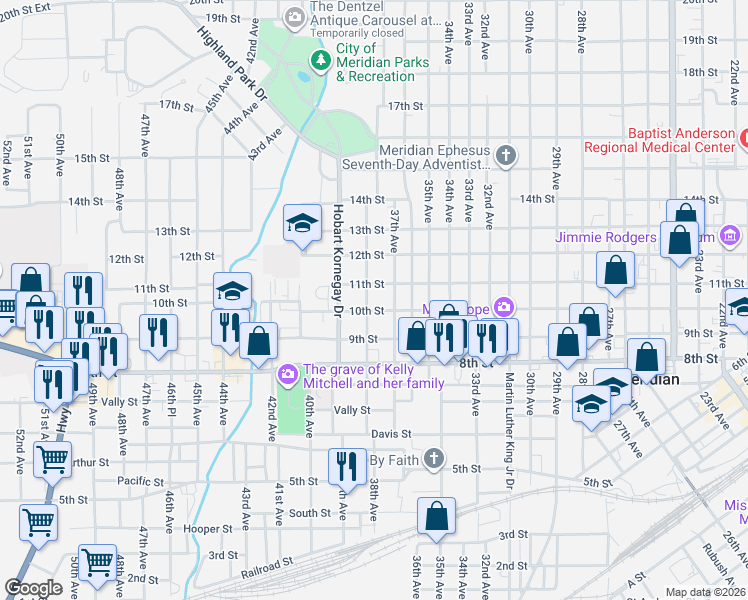 map of restaurants, bars, coffee shops, grocery stores, and more near 1005 Doctor Charles Johnson Avenue in Meridian