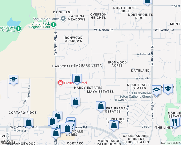 map of restaurants, bars, coffee shops, grocery stores, and more near 8840 North Bottlebush Lane in Tucson