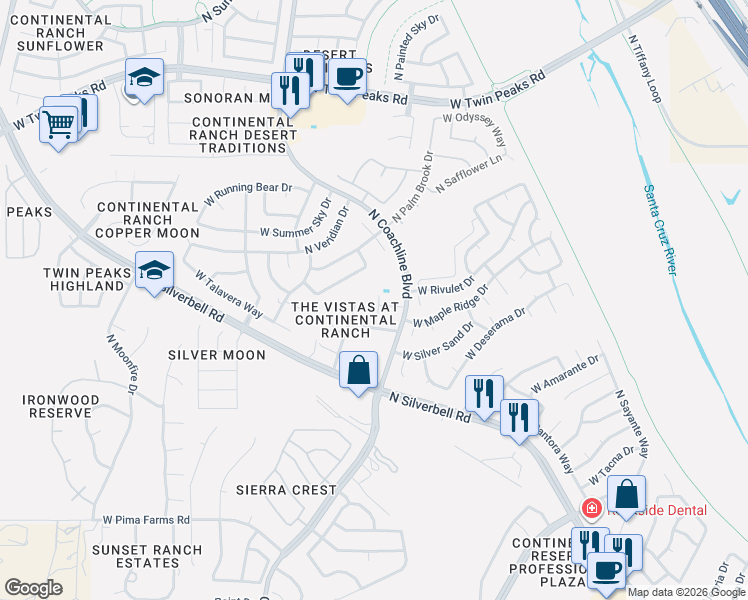 map of restaurants, bars, coffee shops, grocery stores, and more near 8877 North Coachline Boulevard in Tucson