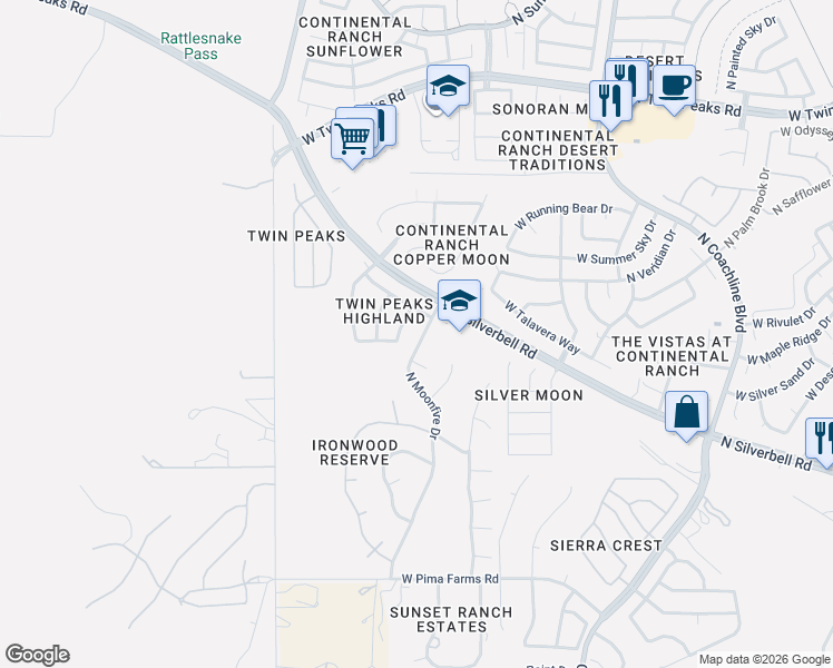 map of restaurants, bars, coffee shops, grocery stores, and more near 8836 North Twin Peaks Brook Road in Tucson