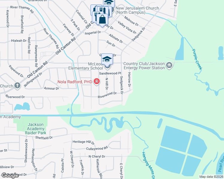 map of restaurants, bars, coffee shops, grocery stores, and more near 5110 Shirlwood Drive in Jackson