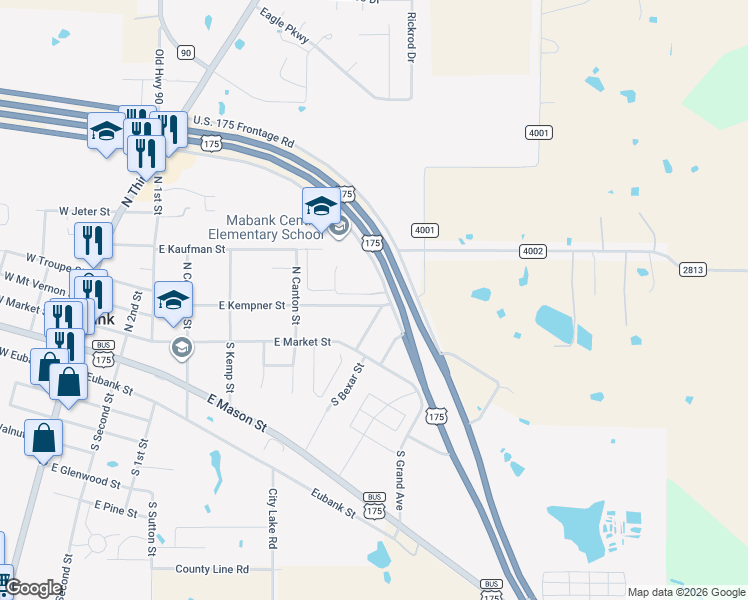 map of restaurants, bars, coffee shops, grocery stores, and more near 635 East Kempner Street in Mabank