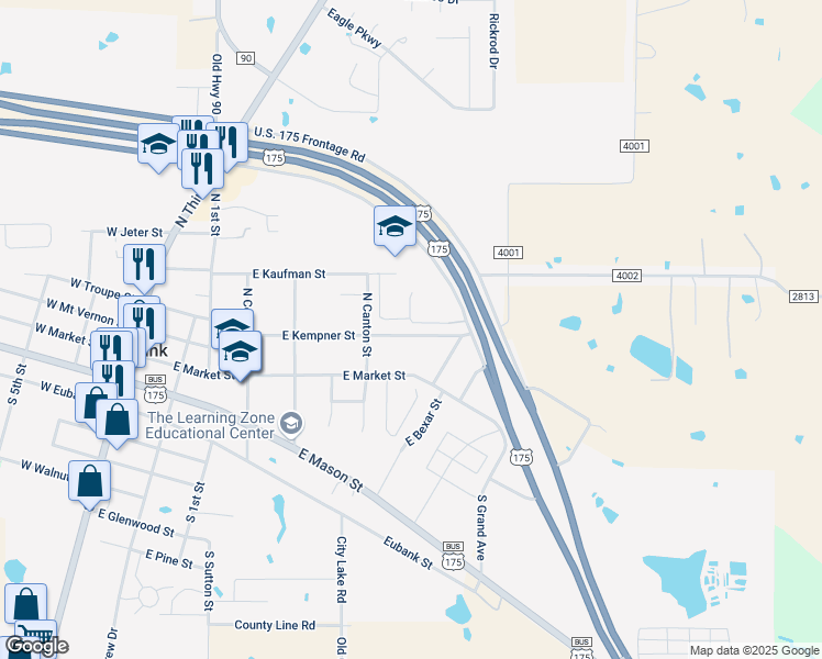 map of restaurants, bars, coffee shops, grocery stores, and more near 622 East Kempner Street in Mabank